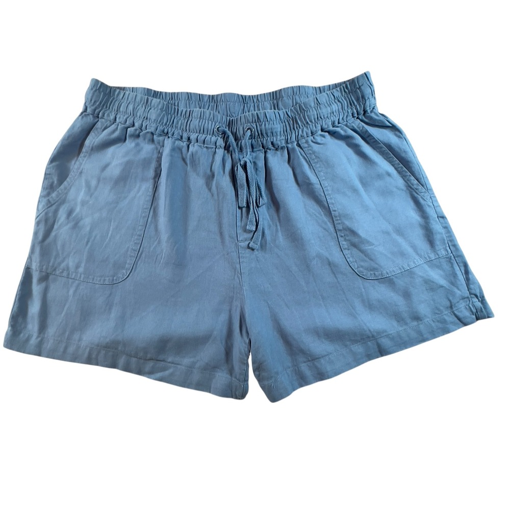 New York & Co Blue Linen Blend Drawstring Elastic Waist Short Medium‎ Pockets